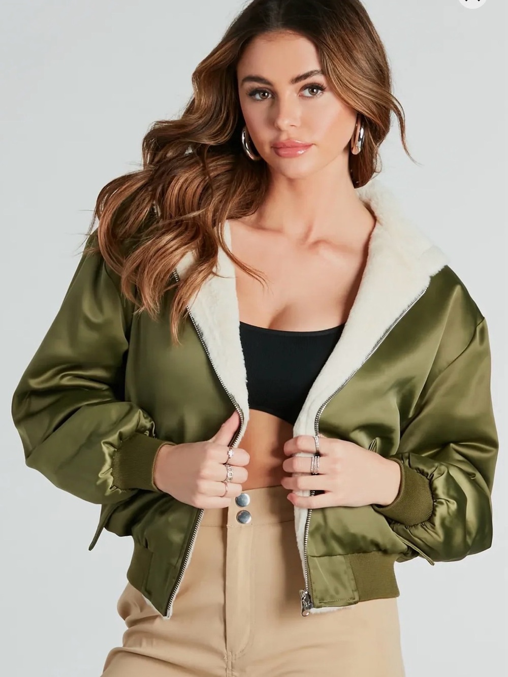 Windsor Olive Cream Like No Other  Reversible Satin Crop Zip Bomber Jacket